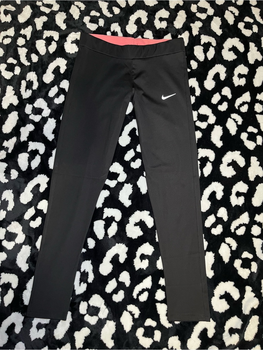 Nike Black Leggings with Pink Waistband and White Swoosh